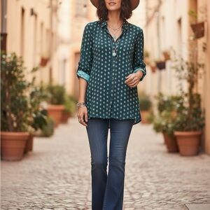 Maeve by Anthropologie Teal Printed Button-Up Tunic Small VGUC